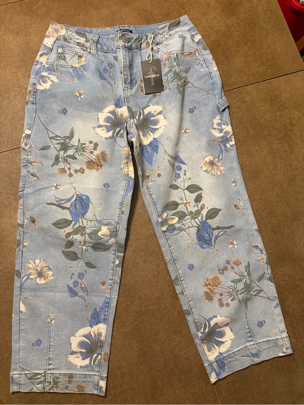 10/12 LARGE, Floral-Print Light Blue Women's Jeans, NWT, $45
